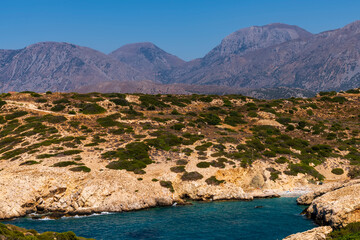 Fototapeta premium Panoramic view of a sea and islands from the top of the mountain, on the island of Crete, Greece.