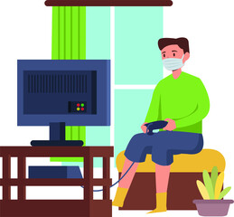 Man is playing video games alone at home while using medical mask