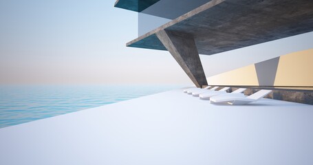 Abstract architectural minimalistic background. Modern villa made of black concrete. Сontemporary interior design. Sun loungers view to the sea. 3D illustration and rendering.