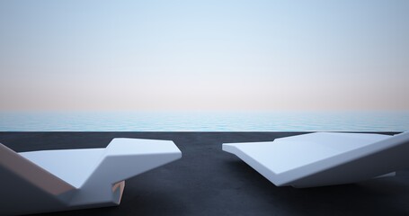 Fototapeta na wymiar Abstract architectural minimalistic background. Modern villa made of black concrete. Сontemporary interior design. Sun loungers view to the sea. 3D illustration and rendering.