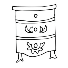 A single elegant antique nightstand isolated on a white background. Retro chest of drawers in Doodle style. Vector drawn Vintage furniture.