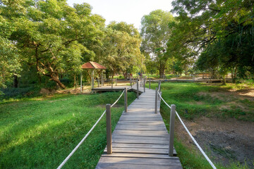 Fototapeta na wymiar Wooden pathway at the Killing Fields in Phnom Penh, Cambodia