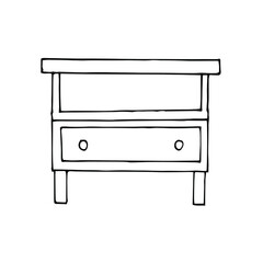 Vector drawing of a nightstand. Sketch stile. A linear pattern. Black and white doodles Isolated on a white background. Modern furniture for bedroom, study, living room.