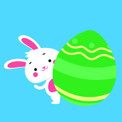 Cute easter bunny hiding behind giant festive egg waiving 