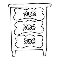 Single elegant antique nightstand with three drawers isolated on a white background. Retro chest of drawers in Doodle style. Vector drawn Vintage furniture.