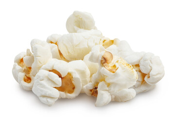 Close-up of delicious popcorn heap, isolated on white background