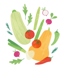 Hand drawn set of colorful fresh organic  vegetables isolated on white background. Bundle of healthy vegetarian food, tasty vegan products use for cooking books, restaurant menu, posters, farm markets