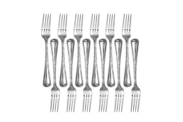 Silver forks cutlery set on isolated on white background.