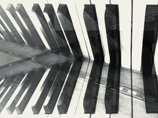 Black and white image of a piano keyboard with abstract surreal mirroring effects © N.A.Marson