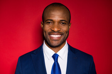 CLoseup photo of handsome attractive dark skin business guy self-confident worker toothy smiling...