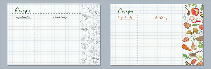 Checkered sheets of paper with images of vegetables for writing delicious recipes for your dishes