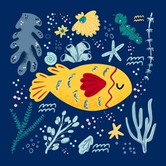 Fish cute doodle hand drawn flat vector illustration. Wild sea marine animal vector, poster floral background. Grass branches with leaves, flowers and spots design element. Sea, ocean, marine.