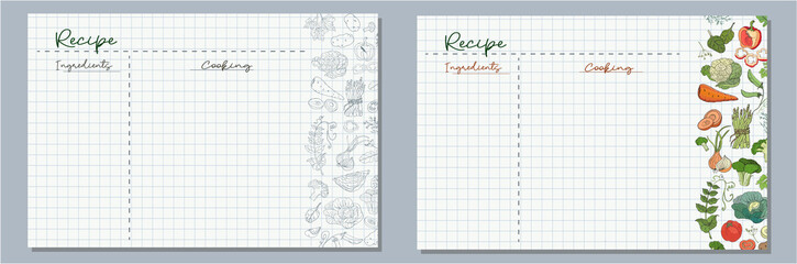 School sheets of paper with images of vegetables cabbage, tomatoes, asparagus, broccoli, onions, carrots for writing delicious recipes for your dishes