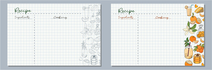 School sheets of paper with hand-drawn oranges and orange dishes, orange juice, cakes, cookies and peeled slices of oranges in monochrome and color for writing delicious recipes for your dishes