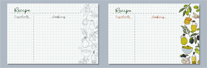 School sheets of paper with hand-drawn olives, an olive branch, olive oil in a jug and in a bottle, a dish with olives and canapes in monochrome and color for writing delicious recipes for your dishes
