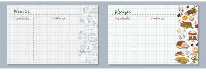 School sheets of paper with hand-drawn ingredients for a festive Christmas dinner, turkey, sweet cake, oranges, sweets and gingerbread cookies in monochrome and color for writing delicious recipes for