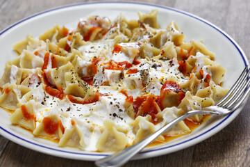 manti ( turkish ravioli type dumplings )served with garlic yoghurt, melted aleppo pepper butter and dry mint and sumac
