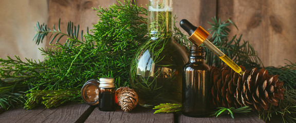 Homemade natural cosmetic, skin care - oil, ointment, cream, conifers, branch of juniper, pine cone, bottle with sprouts, Herbal alternative treatment, soft focus