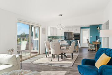Welcoming living room interior, dining area and kitchen view