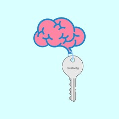 Brain keychain and key. Key to creativity. Vector illustration outline flat design style.