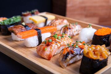 Japanese sushi set , Sushi nigiri rolls and sashimi served in japanese food restaurant menu