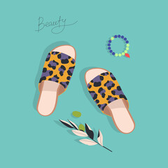 Hand-drawn beautiful women's accessories, flip flops and bracelet. Olive plant. Flat vector illustration.