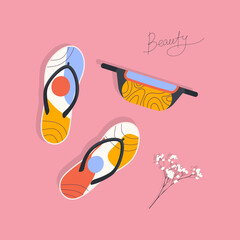 Hand-drawn beautiful women's accessories, flip flops and waist bag. White Gypsophila plant. Flat vector illustration.
