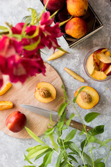 nectarine on the cutting Board in the kitchen. fresh fruit on the table in the drawer