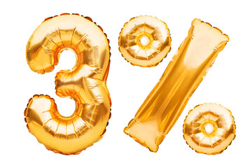 Number 3 three and percent sign made of golden helium inflatable balloons isolated on white. Gold...