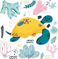 Fototapeta na wymiar Turtle cute doodle hand drawn flat vector illustration. Wild sea marine animal vector, poster floral background. Grass branches with leaves, flowers and spots design element. Sea, ocean, marine