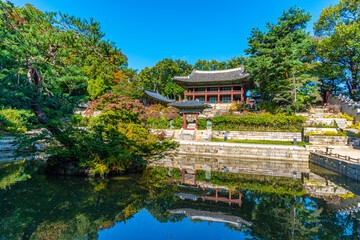 Traditional building at Buyongji Pond inside secret garden of Changdeokgung palace in Seoul, Republic of Korea