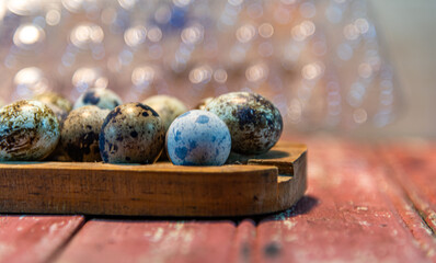 Set of quail eggs on wooden platter on red background