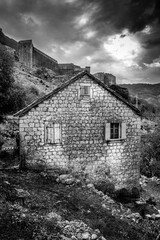 Old house in Kotor, Montenegro.  Black and white house.  Black and white photography. Kotor, Montenegro. Europe. 