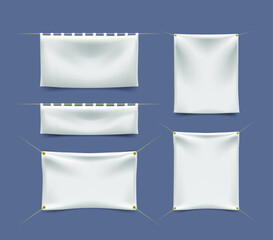 Set of White Textile Banners with Folds with Ropes on Color Background . Isolated Vector Elements 