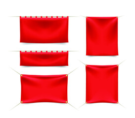 Set of Red Textile Banners with Folds with Ropes on White Background . Isolated Vector Elements 