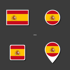 Fototapeta premium Spain flag icon set in different shape (rectangle, circle, square and marker icon) on dark grey background. Spain sticker flag collection on barely dark background.