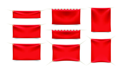 Set of Red Textile Banners with Folds with Ropes on White Background . Isolated Vector Elements 