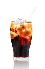 cola water and ice cubes with tube in glass transparent isolated on white background ,include clipping path