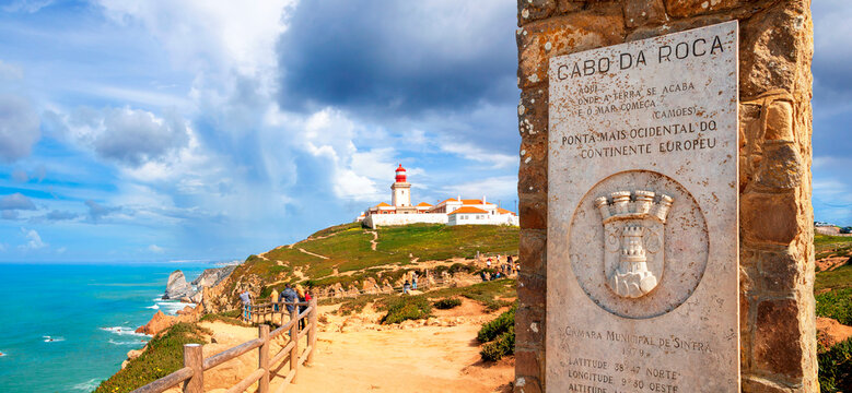 Cabo da Roca, PORTUGAL - March 08, 2020: Monument announcing Cabo da Roca as the westernmost point of continental Europe.
