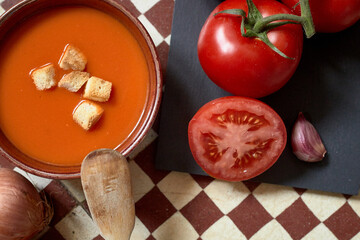 Tomato Gazpacho Cook Onion Garlic Spoon Toasted Bread selective focus