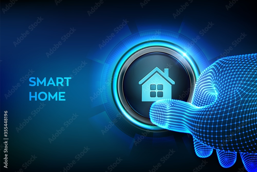 Wall mural Smart home. Automation control system concept. Closeup finger about to press a button with house icon. Just push the button. Vector illustration. Smart home automation assistant. Vector illustration. - Wall murals