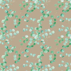 Watercolor green floral seamless pattern with eucalyptus. Hand painted pattern with branches eucalyptus. For design or background