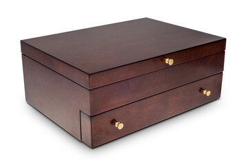 Closed wooden Cutlery set in gift box on isolated on white background