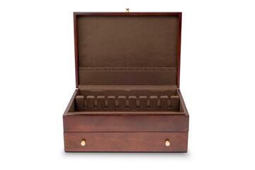 Empty wooden Cutlery set in gift box on isolated on white background