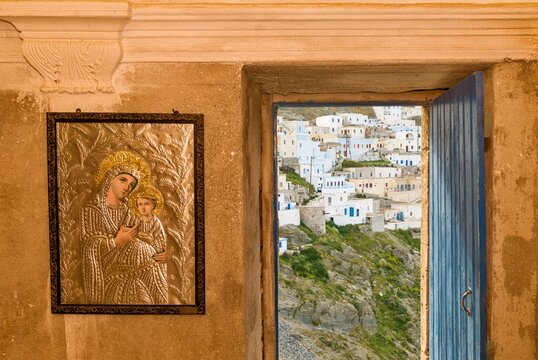 an silver icon inside a family chapel in Olympos, Greece