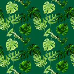 Watercolor illustration seamless pattern of tropical leaf monstera. Perfect as background texture, wrapping paper, textile or wallpaper design. Hand drawn