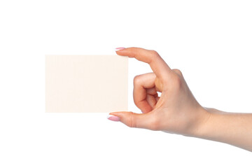 Obraz premium Woman's hand with blank white business card isolated on white