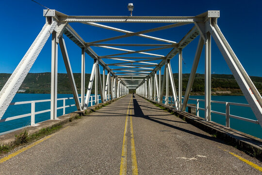 The metallic bridge over the artificial lake of Kastraki, or Matsouki bridge, near the city of Agrinio, in Etoloakarnania, Greece.