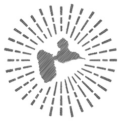 Sketch map of Grande-Terre. Sunburst around the island in flag colors. Hand drawn Grande-Terre shape with sun rays on white background. Vector illustration.