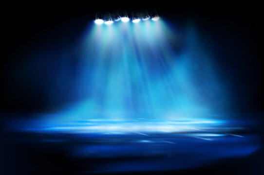 Brightly lit street lamps in the fog. Show on stage. City at night. Spotlights on blue background. Vector illustration.